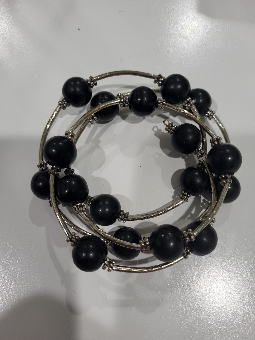 Vintage Silver & Black Onyx Beaded Stretch Bracelet